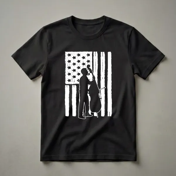 Black graphic t-shirt featuring a silhouette of a person playing a double bass against a distressed white and black American flag.
