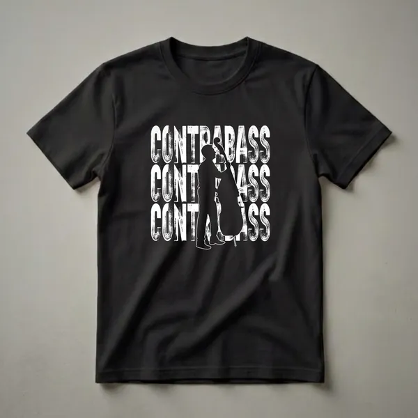 Black t-shirt with white distressed text spelling 'CONTRABASS' vertically, featuring a black silhouette of a contrabass player in the center.