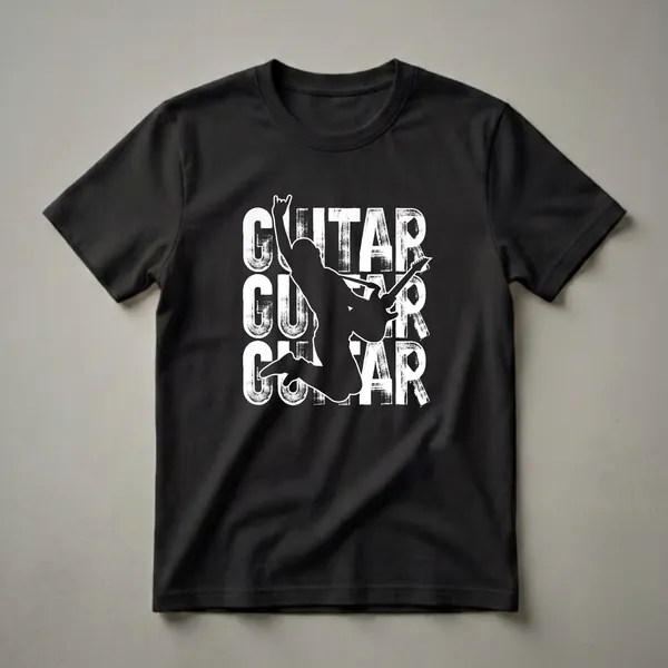 Black graphic t-shirt featuring a white silhouette of a guitarist jumping with a rock hand gesture, set against distressed white text spelling 'GUITAR'.
