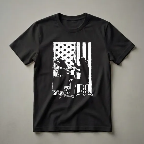 Black silhouette of a drummer playing a drum set against a distressed white and black American flag. The drummer wears a baseball cap.
