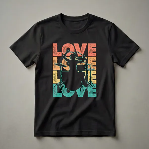 Black t-shirt with a retro graphic design. The word 'LOVE' is stacked vertically in coral, yellow, and teal. A black silhouette of a drummer playing a drum set is centered within the design.