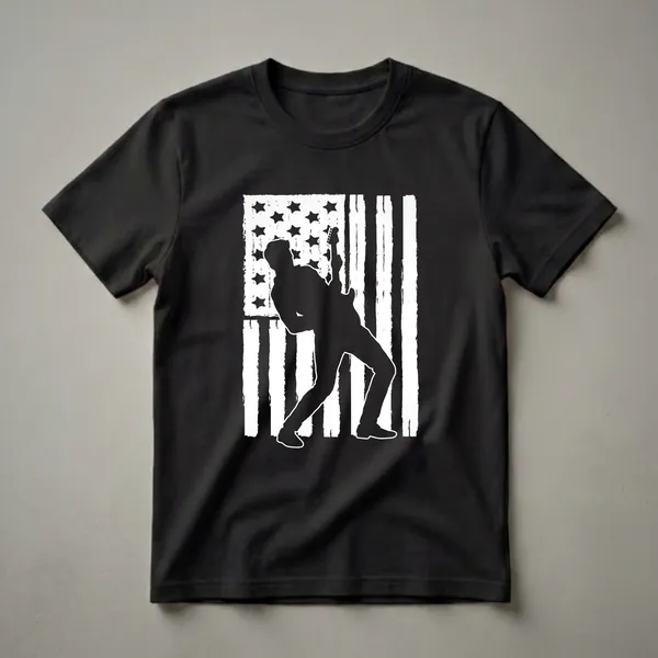 Black silhouette of a guitarist playing an electric guitar against a distressed white and black American flag, on a black t-shirt.