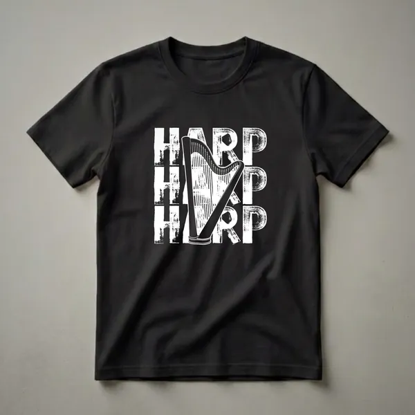 Black t-shirt with a white distressed graphic featuring the word 'HARP' repeated and a detailed illustration of a harp in the center.