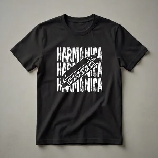 Black t-shirt with a white graphic of a harmonica and the word 'HARMONICA' repeated in a distressed font.