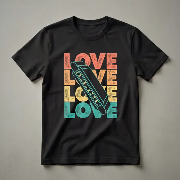 Black t-shirt with a retro graphic featuring the word LOVE stacked vertically in coral, orange, yellow, and teal, with a black harmonica illustration overlaid.