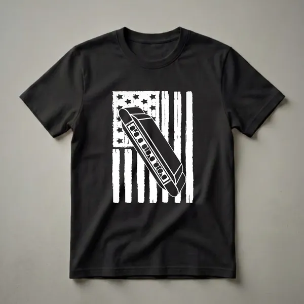 White graphic of a harmonica overlaid on a distressed American flag, on a black t-shirt.