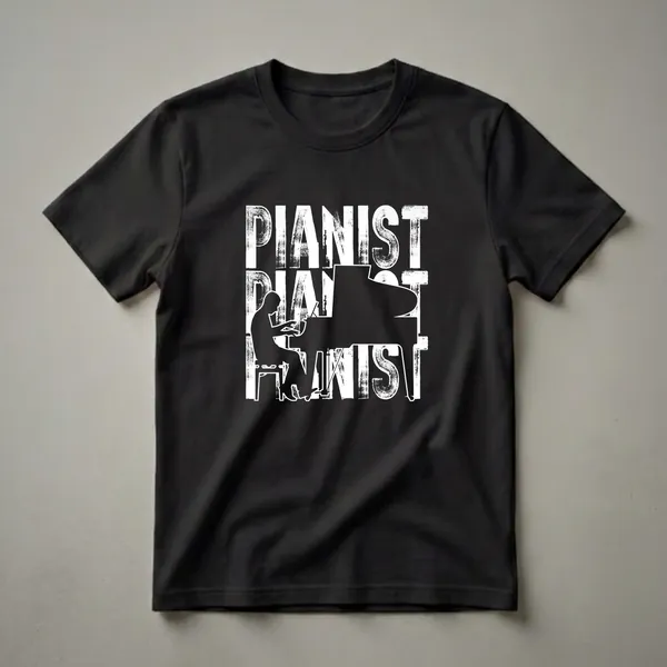 Black t-shirt with a white distressed graphic design that repeats the word PIANIST, with a silhouette of a person playing a grand piano in the center.
