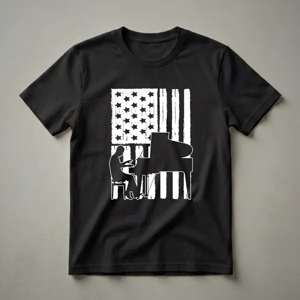 Black t-shirt with a white graphic of a person playing a grand piano against a distressed American flag background.