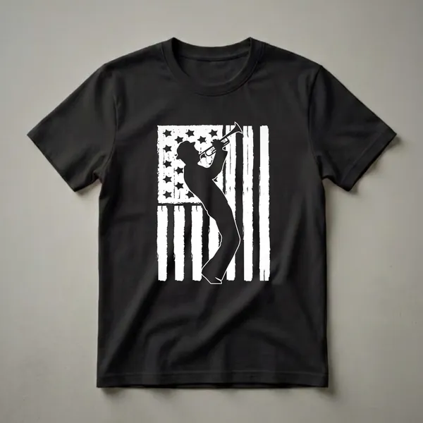 Black graphic t-shirt featuring a silhouette of a musician playing a trumpet against a distressed American flag design.