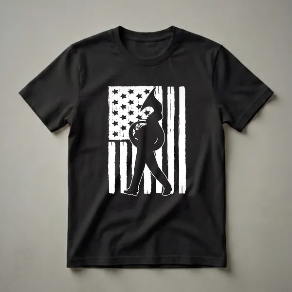 Black graphic t-shirt featuring a silhouette of a tuba player marching in front of a distressed American flag with white stars and stripes.