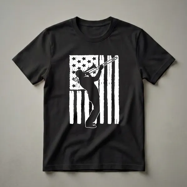 Black silhouette of a trombonist playing an instrument against a distressed white and black American flag graphic.
