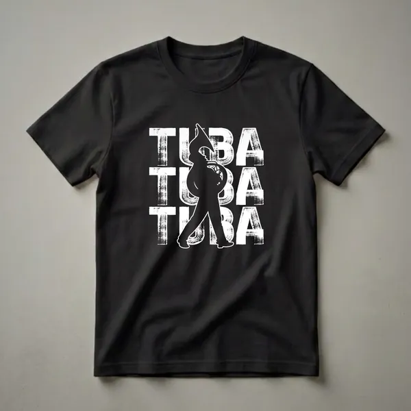 Black graphic t-shirt featuring a white silhouette of a person playing a tuba, overlaid on distressed white letters spelling 'TUBA'.