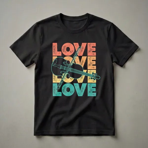 Black t-shirt with a retro graphic design featuring the word LOVE repeated four times in orange, yellow, and teal, with a black violin and teal bow superimposed.