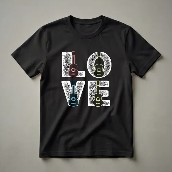 Black t-shirt with the word LOVE spelled out using stylized guitars in neon red, green, blue, and yellow outlines with textured white fills.