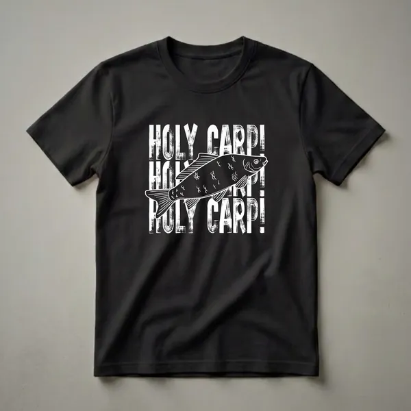 Black t-shirt with a white graphic design that reads "HOLY CARP!" repeated, featuring a detailed illustration of a carp fish in the center.