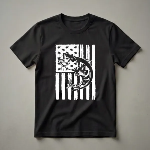 Black and white graphic t-shirt featuring a mackerel fish leaping in front of a distressed American flag with visible stripes and stars.