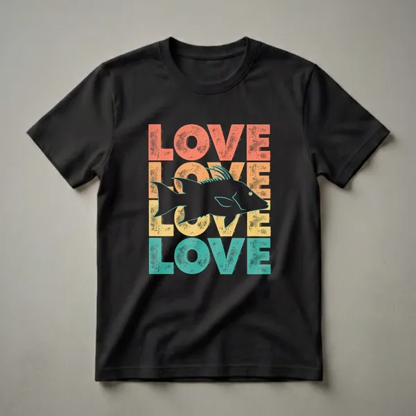 Black t-shirt with a retro graphic design featuring the word LOVE repeated in coral, orange, and yellow blocks, with a black hogfish silhouette in the center.