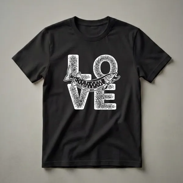 Black t-shirt with white graphic design that spells out 'LOVE', with the 'O' replaced by a detailed illustration of a muskellunge fish.