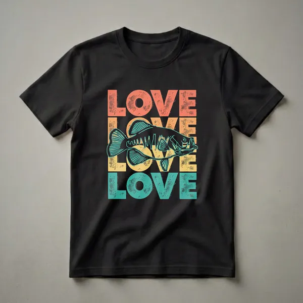 Retro graphic t-shirt with stacked 'LOVE' text in coral, yellow, and teal, featuring a black crappie fish silhouette in the center.