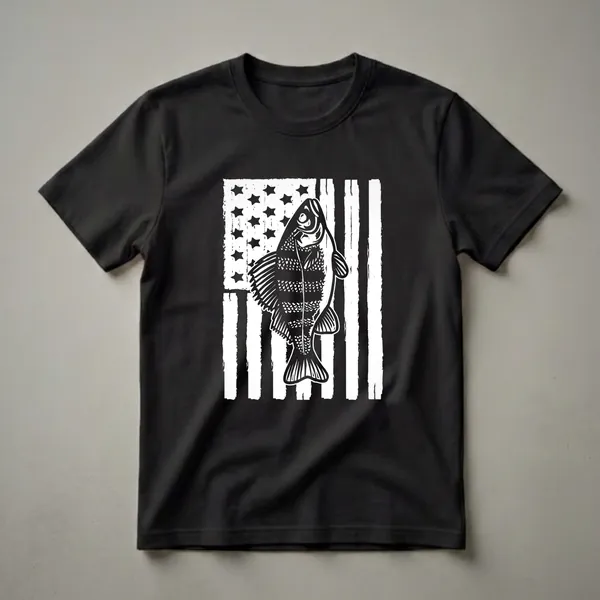 Black and white graphic t-shirt featuring a perch fish with striped body and fins, overlaid on a distressed American flag with stars and vertical stripes.