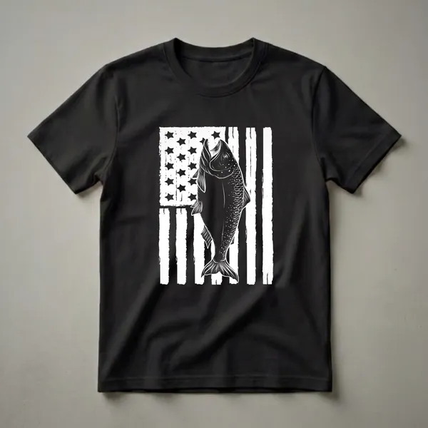 Black and white graphic t-shirt featuring a salmon leaping in front of a distressed American flag with stars and stripes.