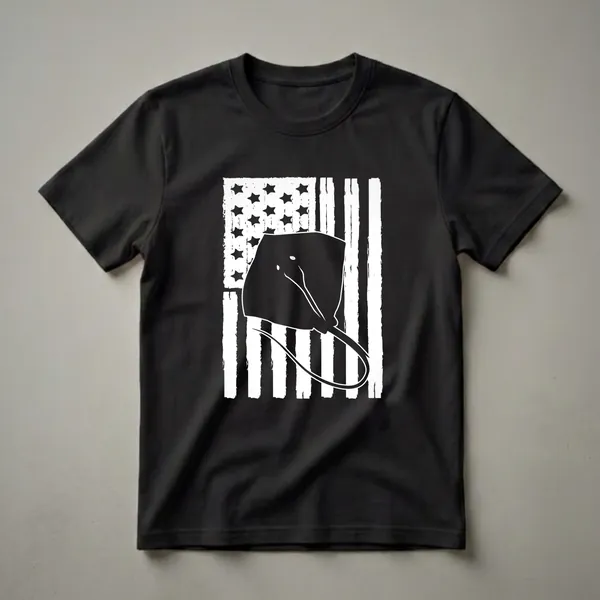 Black and white graphic t-shirt featuring a stingray silhouette superimposed on a distressed American flag with black stars and white stripes.