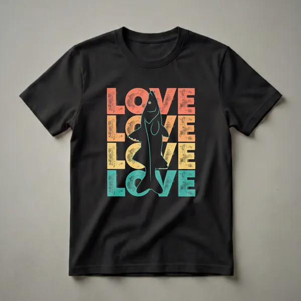 Black t-shirt with retro stacked 'LOVE' text in coral, orange, yellow, and teal, featuring a black snook fish silhouette.