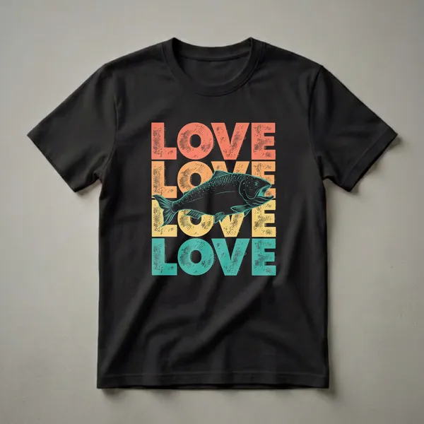 Black t-shirt with stacked retro lettering spelling 'LOVE' vertically, with a black salmon fish graphic replacing the second 'O'.