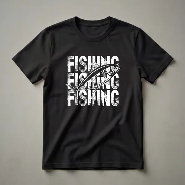 Black t-shirt with white distressed 'FISHING' text stacked vertically and a white tuna fish graphic superimposed over the text.