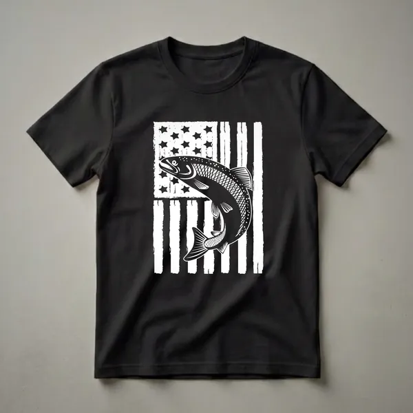 Black and white graphic t-shirt featuring a trout leaping in front of a distressed American flag with stars and stripes.