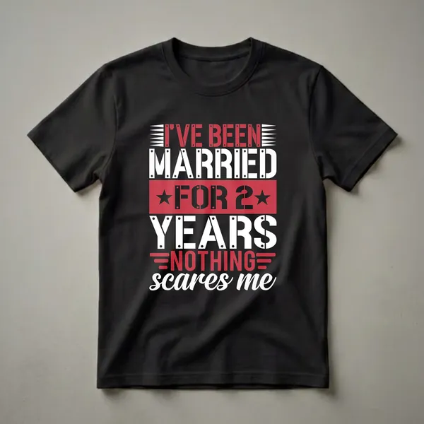 Black t-shirt with white and red text that reads 'I'VE BEEN MARRIED FOR 2 YEARS NOTHING SCARES ME' in a bold, stencil-like font.