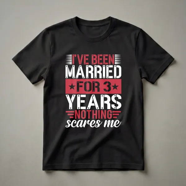 Black t-shirt with bold red and white text that reads 'I've Been Married For 3 Years Nothing Scares Me'.