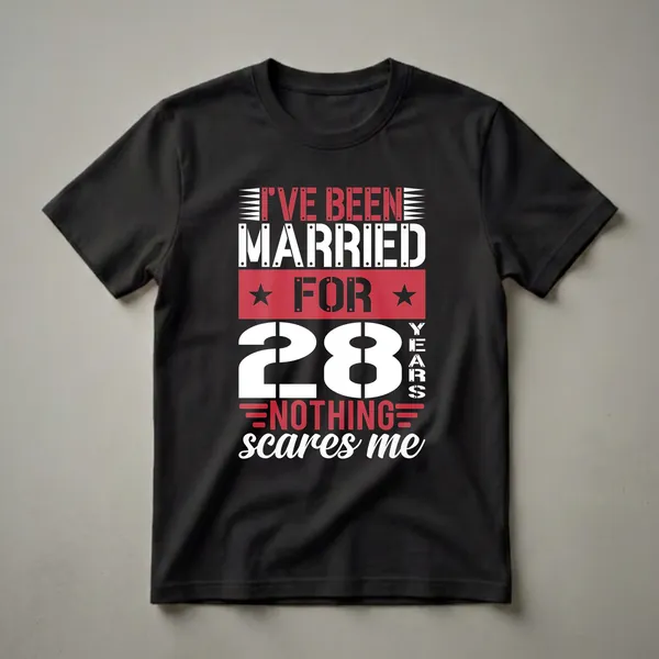 Black t-shirt with white and red text that reads 'I'VE BEEN MARRIED FOR 28 YEARS NOTHING scares me' in a bold, stencil-like font, celebrating a 28th wedding anniversary.