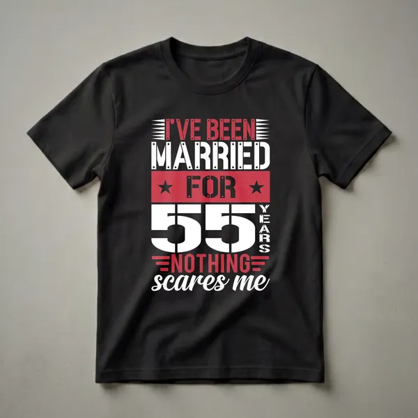 Black t-shirt with white and red text that reads "I've Been Married For 55 Years Nothing Scares Me" in a bold, stencil font, celebrating a 55th wedding anniversary.