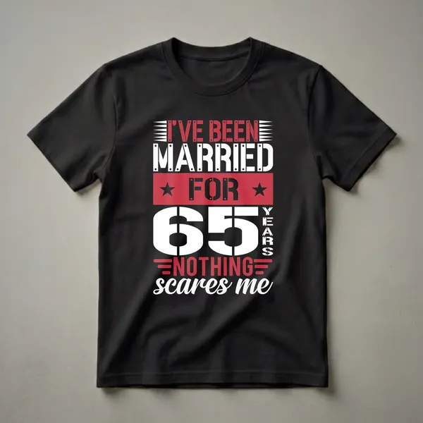 Black t-shirt with white and red text that reads 'I've Been Married For 65 Years Nothing Scares Me' in a bold, graphic font.
