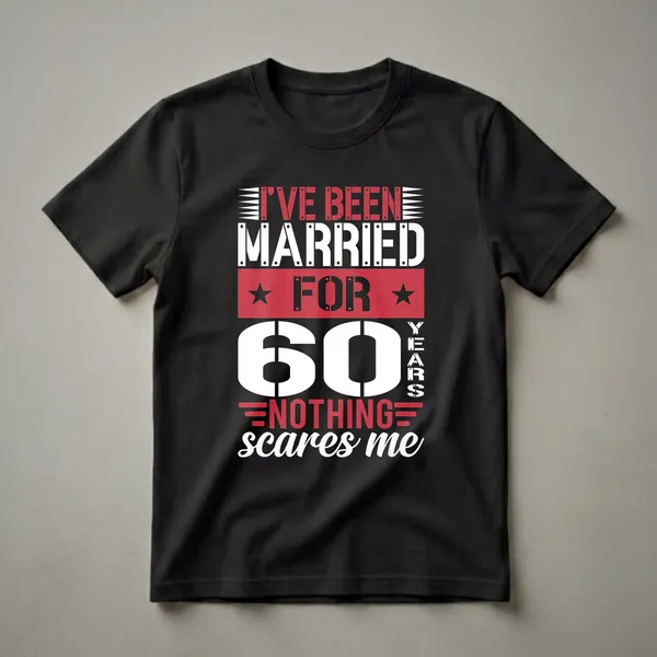 Black t-shirt with white and red text that reads 'I've Been Married For 60 Years Nothing Scares Me', featuring a large '60' and decorative elements.