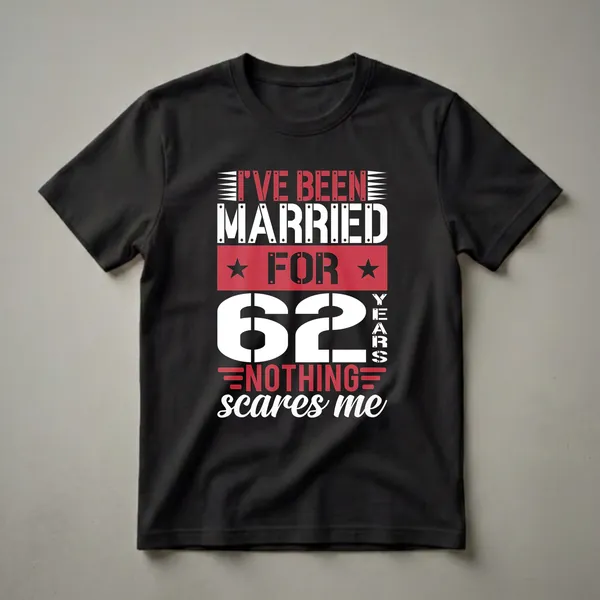 Black t-shirt with white and red text that reads 'I've Been Married For 62 Years Nothing Scares Me' in a bold, stencil-like font.