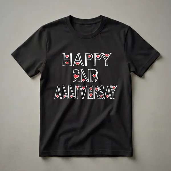 Black t-shirt with white text that reads 'Happy 2nd Anniversary' and is decorated with red heart accents.