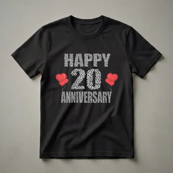 Black t-shirt with white text 'HAPPY 20 ANNIVERSARY' made of hearts and circles, with red heart balloons on either side.