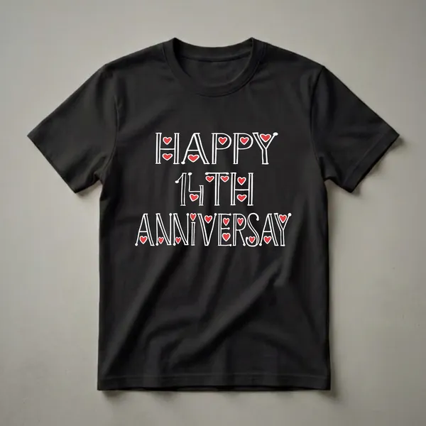 Black t-shirt with white text that reads 'HAPPY 14TH ANNIVERSAY', accented with red hearts.