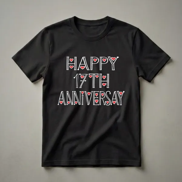 Black t-shirt with white text that reads 'HAPPY 17TH ANNIVERSARY' with red hearts incorporated into the design.