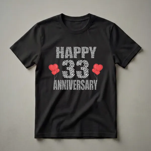 Black t-shirt with white text art that reads 'Happy 33rd Anniversary' and '33 Years Together', adorned with red heart balloons on the sides.