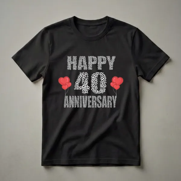 Black t-shirt with white text art spelling 'Happy 40th Anniversary' and '40 Years Together' using heart and circle shapes, accented by red heart balloons.