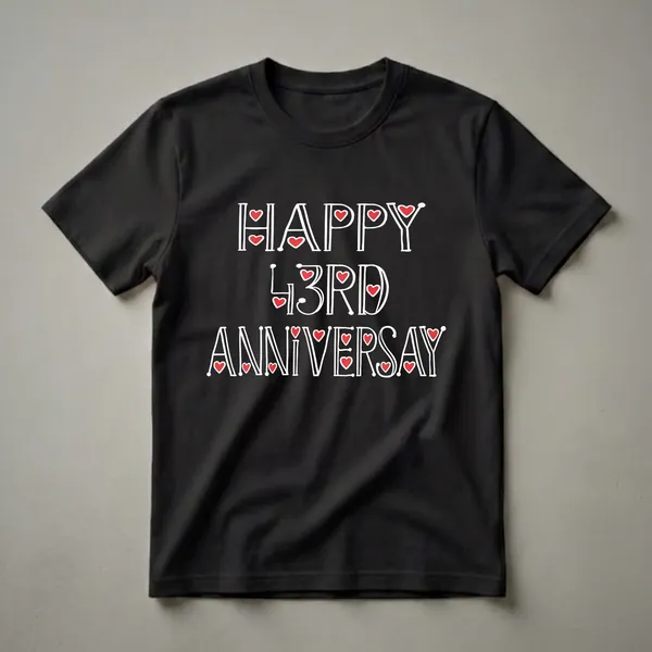 Black t-shirt with white text that reads 'HAPPY 43RD ANNIVERSARY' and '43 YEARS TOGETHER', with red hearts incorporated into the lettering.