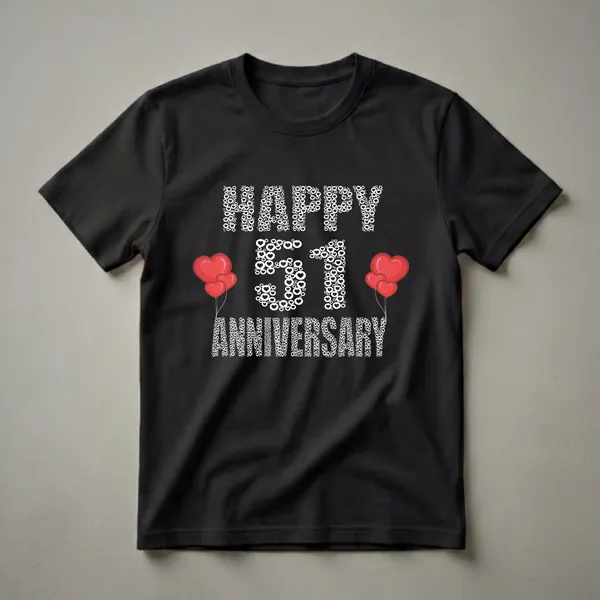 Black t-shirt with white text art that reads 'Happy 51st Anniversary' composed of hearts and circles, with red heart balloons on either side of the number 51.