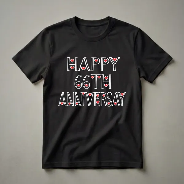 Black t-shirt with white text that reads 'HAPPY 66TH ANNIVERSARY', accented with red hearts.