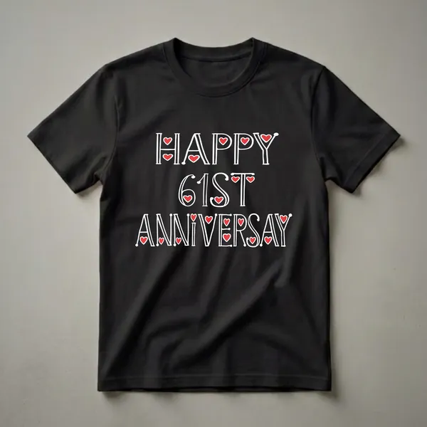 Black t-shirt with white text that reads 'HAPPY 61ST ANNIVERSARY', with red hearts incorporated into the lettering.