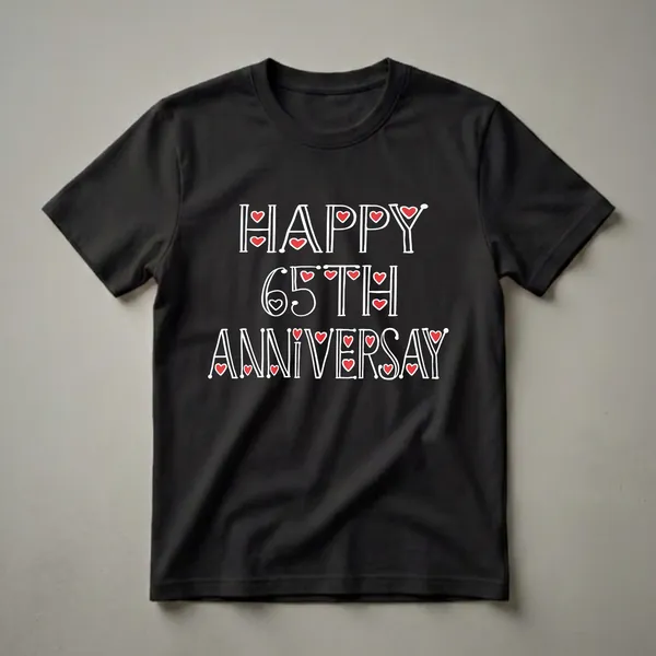 Black t-shirt with white text that reads 'HAPPY 65TH ANNIVERSARY', with red hearts integrated into the design.