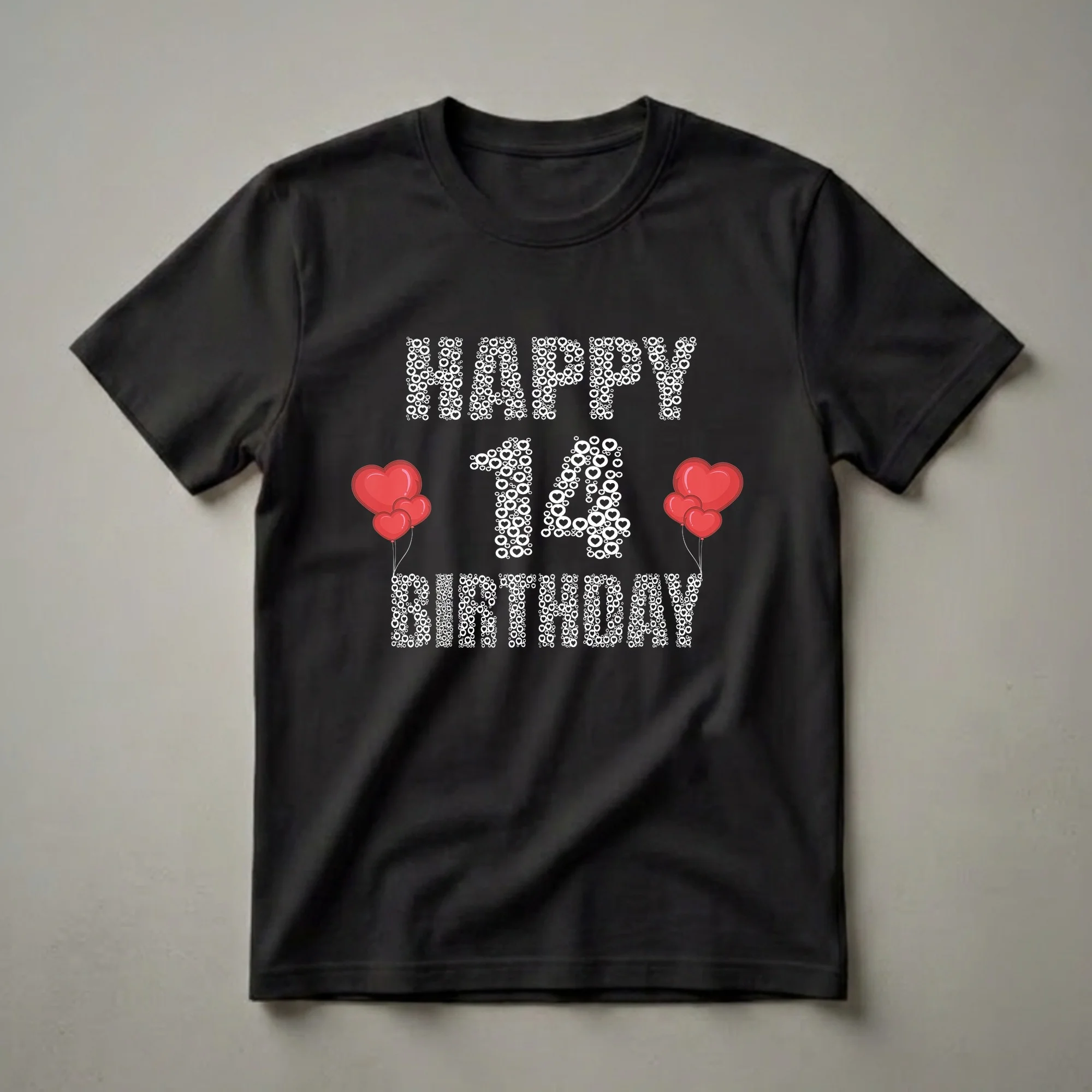 Black t-shirt with white text graphic that reads 'HAPPY 14th BIRTHDAY' made of hearts and circles, with red heart balloons on either side of the number 14.