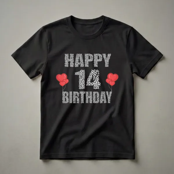 Black t-shirt with white text graphic that reads 'HAPPY 14th BIRTHDAY' made of hearts and circles, with red heart balloons on either side of the number 14.